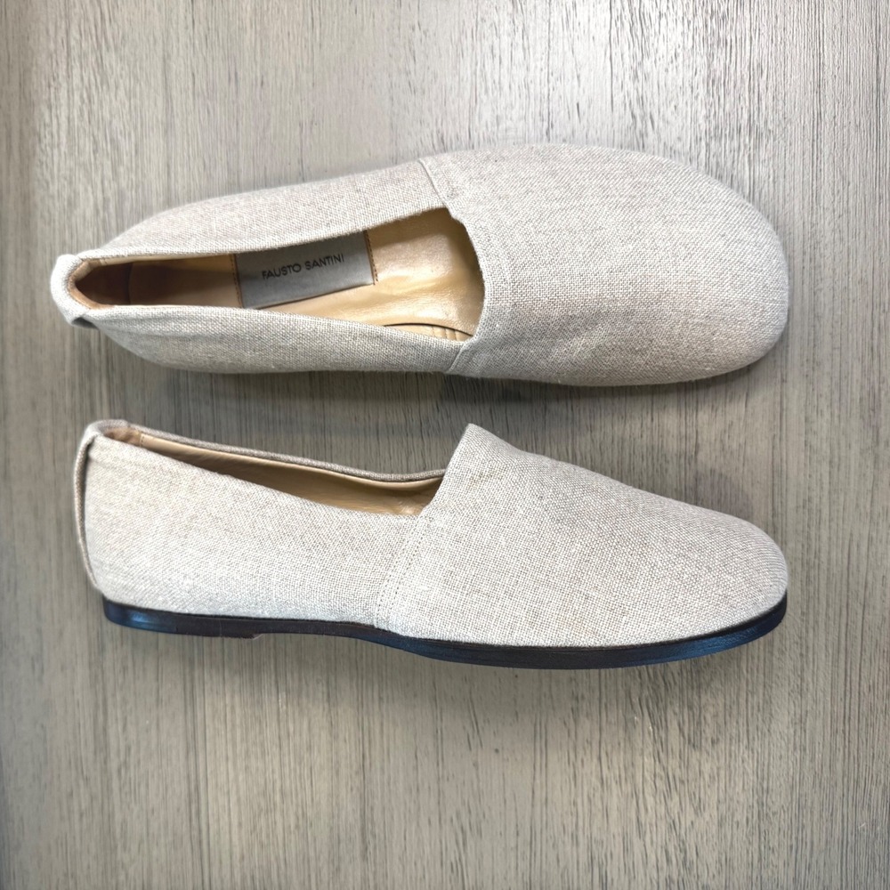 Fausto Santini Women 7-7.5 EU 37.5 Beige Linen Flats Italian Leather Sole Loafer
